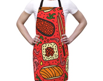 Apron - Red Sushi Print - Chef - Birthday - Mother's Day - Shower- Housewarming - Hostess Gift - Kitchen -Christmas - Cook- Chinese- Man