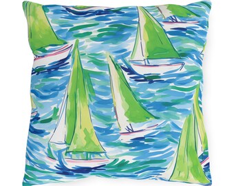 Outdoor Bright Multi- Colored Sailboat Print Pillow - Outside - Porch - Patio - Deck - Pool Side - Tropical - Birthday -  Beach House