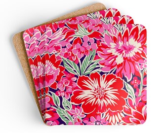 Pink and Red Large Flower Print Corkwood Coaster Set - Home - Birthday - Hostess Gift - Housewarming - Patio Party - Porch Party- Floral