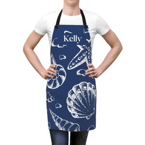 Navy Seashell Apron: Personalized Beach House Kitchen Apron