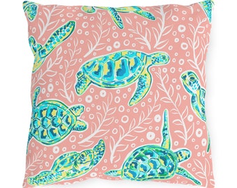 Outdoor Soft Pink and Turquoise Turtle Print Pillow - Outside - Porch - Patio - Deck - Birthday - Hostess Gift - Beach House - Housewarming