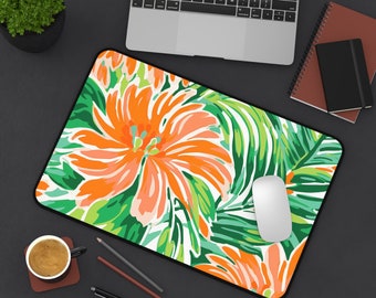 Desk Mat - Modern Orange and Green Tropical Flowered Print - Office Decor- Workspace - Home Office - Birthday - Mother's Day -  Laptop Mat