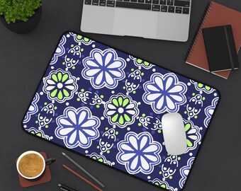 Fun Blue, Green and White Modern Desk Mat - Floral - Office Decor- Workspace - Home Office - Birthday Present - Mother's Day - Desk