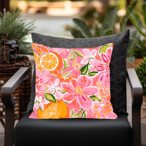 Outdoor Pillows Bright Floral Pillows Outdoor Pillow, Pink, Orange