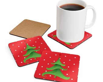 May include: Set of four red and white Christmas tree coasters with a green Christmas tree design. The coasters are made of cork and have a cork backing.