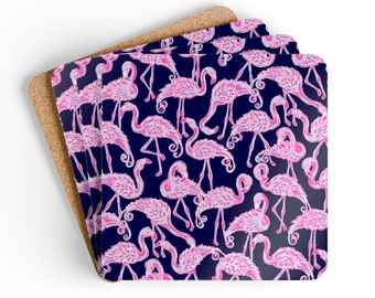 Pink Flamingos on a Navy Blue Corkwood Coaster Set - Home - Birthday - Hostess Gift - Housewarming - Patio Party - Porch Party