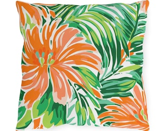 Outdoor Pillow - Bright Orange and Green Modern Floral Print -Outside - Pool - Patio - Porch - Deck - Summer - Birthday Gift - Mother's Day