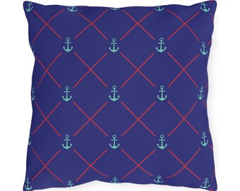 Outdoor Pillow - Navy, White and Turquoise Nautical - Outside - Pool - Porch - Patio - Anchors - Patriotic - Birthday Present - Housewarming