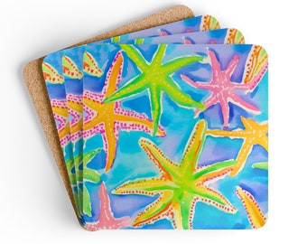 Brightly Colored Starfish Print On A Blue Corkwood Coaster Set - Home - Birthday - Hostess Gift - Housewarming - Patio Party - Porch Party