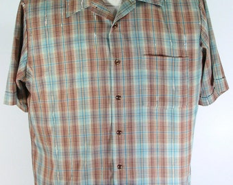 vintage 1970s shirt mens L large shimmering plaid short sleeve brown turquoise disco