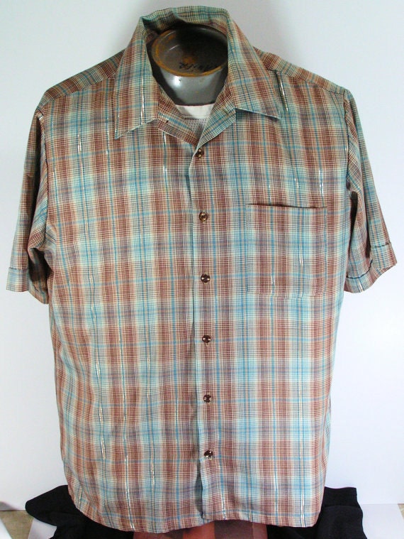 Vintage 1970s shirt mens L large shimmering plaid short sleeve | Etsy