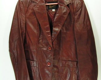 vintage leather jacket womens size 16 medium brown genuine 1970s disco slim fit