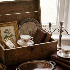 May include: A wooden chest filled with vintage items, including framed botanical prints, antique books, and a teacup with a floral design. A silver tray and a candelabra are also visible, creating a classic, elegant aesthetic.