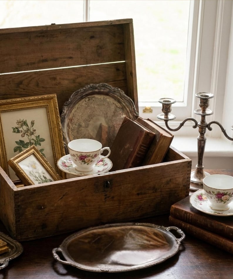 May include: A wooden chest filled with vintage items, including framed botanical prints, antique books, and a teacup with a floral design. A silver tray and a candelabra are also visible, creating a classic, elegant aesthetic.
