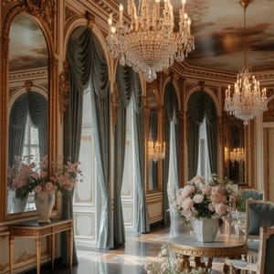 May include: An ornate room with gold trim, large mirrors, and crystal chandeliers. Soft blue curtains frame the windows. Tables hold vases of pink flowers. The ceiling features a painted mural, creating a luxurious atmosphere.
