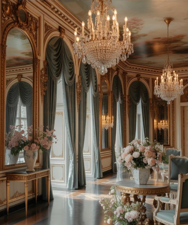 May include: An ornate room with gold trim, large mirrors, and crystal chandeliers. Soft blue curtains frame the windows. Tables hold vases of pink flowers. The ceiling features a painted mural, creating a luxurious atmosphere.
