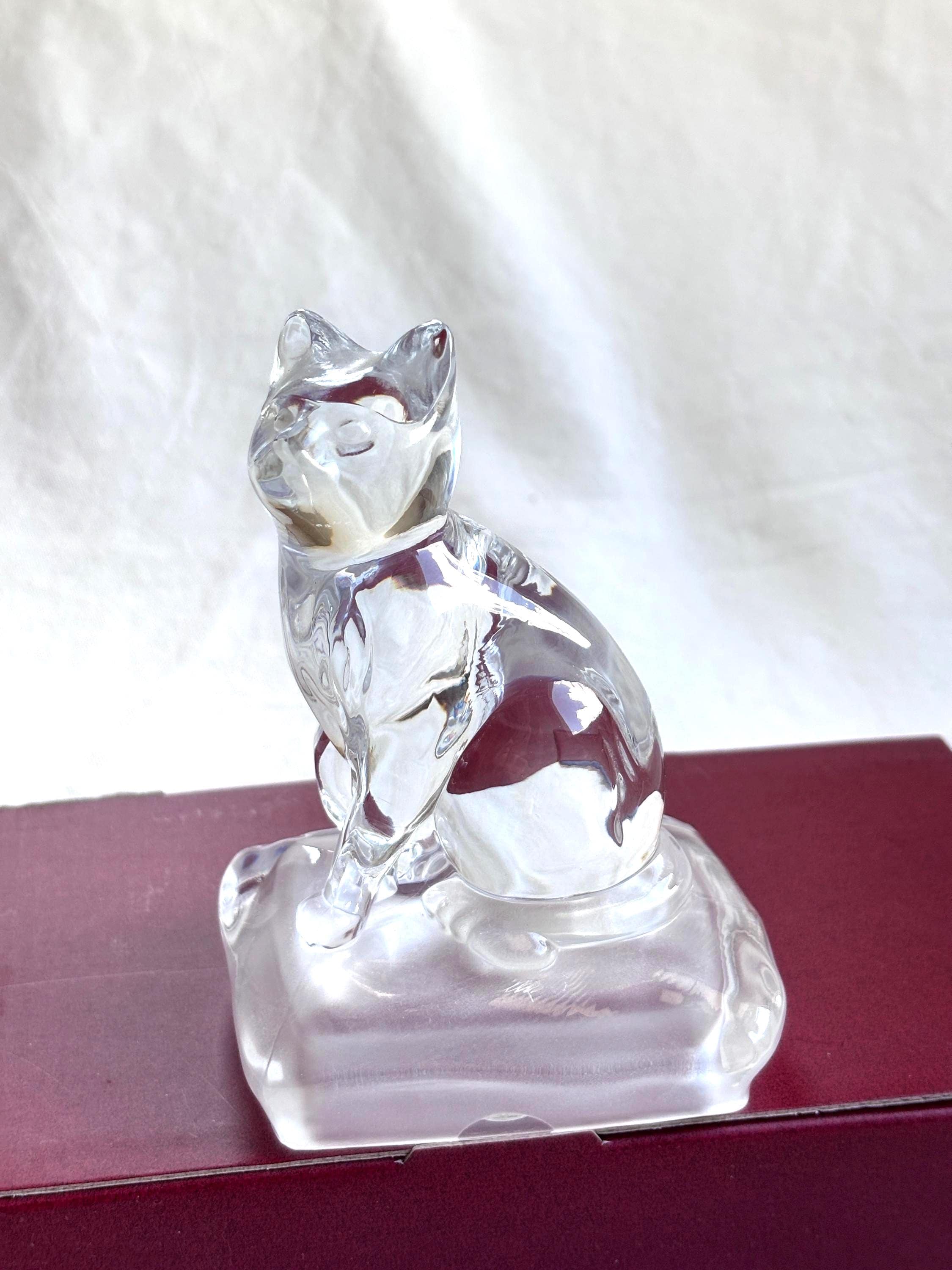 Vintage Crystal D'Arques Cat Figurine Clear Glass Cat on Frosted Pillow Paperweight
