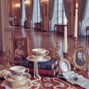 May include: A vintage-themed still life featuring a table adorned with antique items. Two teacups and saucers with floral designs sit atop books. Pearl necklaces, framed portraits, and lit candles add to the elegant ambiance. A gold-framed picture and jewelry are also present.