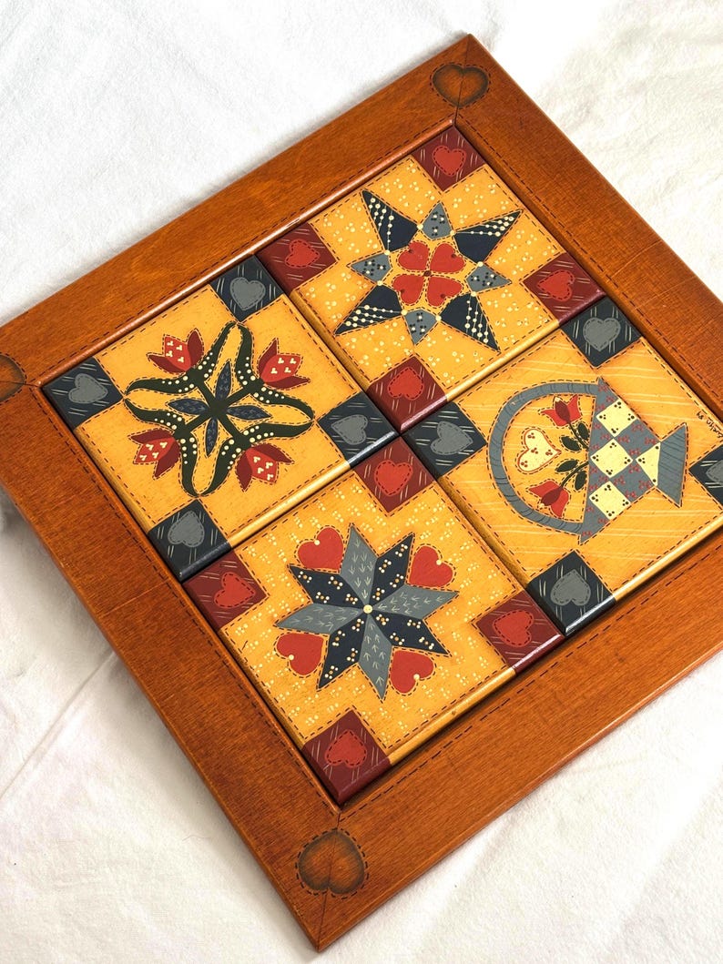 Vintage Folk Art Quilt Tile Wall Hanging – Hearts, Stars, Farmhouse ...