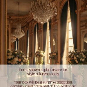 May include: An ornate room with gold trim, large mirrors, and crystal chandeliers. Dark blue curtains frame tall windows, and floral arrangements sit in decorative urns. The text in the image reads: "Items shown in photos are for style reference only."