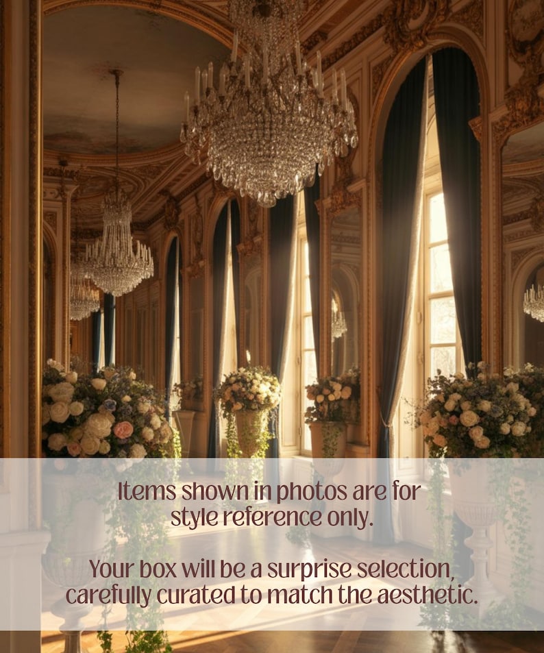 May include: An ornate room with gold trim, large mirrors, and crystal chandeliers. Dark blue curtains frame tall windows, and floral arrangements sit in decorative urns. The text in the image reads: "Items shown in photos are for style reference only."