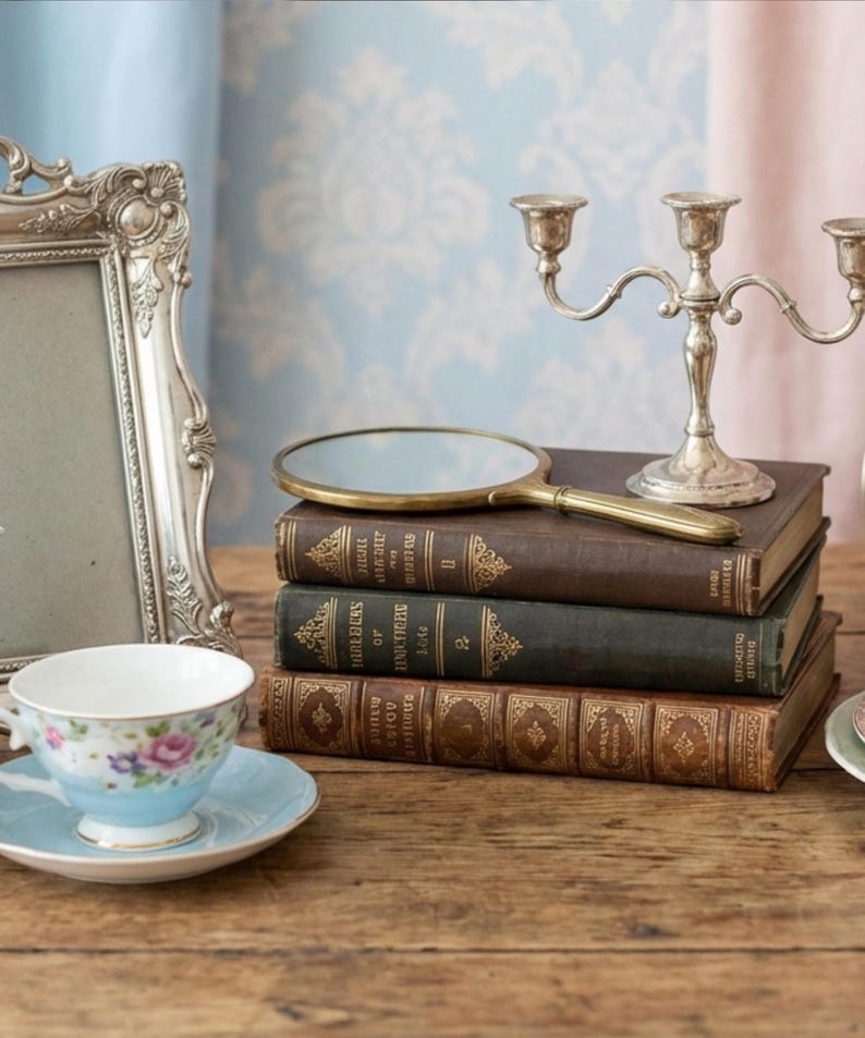 May include: A vintage still life arrangement featuring a silver candelabra, a hand mirror, and a teacup with saucer. The items rest on a stack of antique books. A decorative silver picture frame and a teacup with floral design are also present.