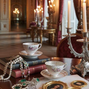 May include: A still life featuring two teacups with floral designs, saucers, and antique books. Pearl and emerald necklaces, and small framed portraits are arranged on a table. Silver candle holders and lit candles add to the elegant scene.