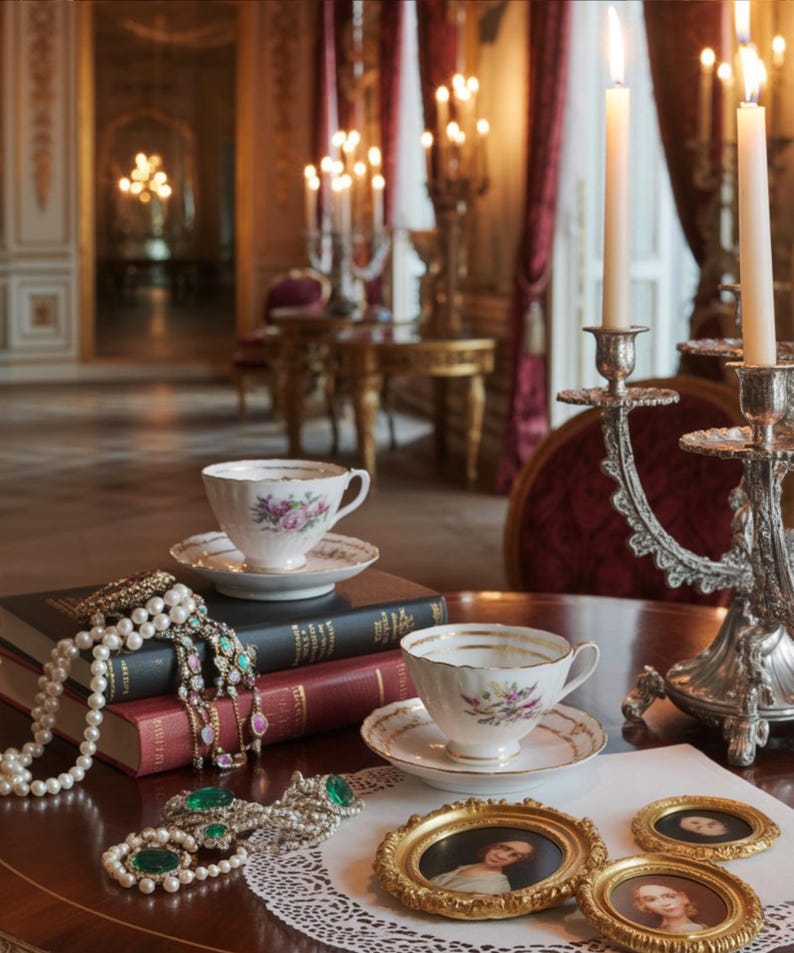 May include: A still life featuring two teacups with floral designs, saucers, and antique books. Pearl and emerald necklaces, and small framed portraits are arranged on a table. Silver candle holders and lit candles add to the elegant scene.