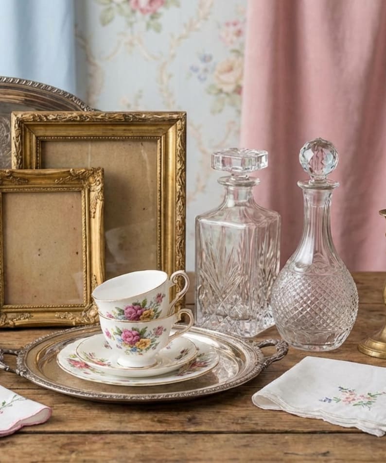 May include: A still life arrangement featuring vintage items. Two gold picture frames, a silver serving tray with floral teacups and saucers, and two crystal decanters. A floral embroidered napkin rests on a wooden surface.