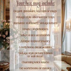 May include: A list of potential items in a box, including elegant glassware, vintage silverware, romantic stationery, ornate candleholders, velvet accessories, antique jewelry, home decor, picture frames, knick-knacks, and old books. The text is displayed over a blurred background.