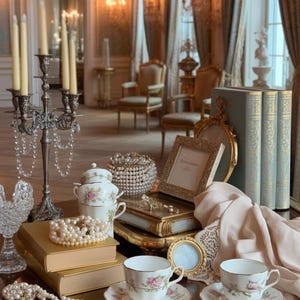 May include: An elegant display featuring a silver candelabra with hanging crystals, teacups with floral designs, pearls, and antique books. A gold-framed picture and a pearl-covered box add to the vintage aesthetic. The scene is set in a room with ornate decor.