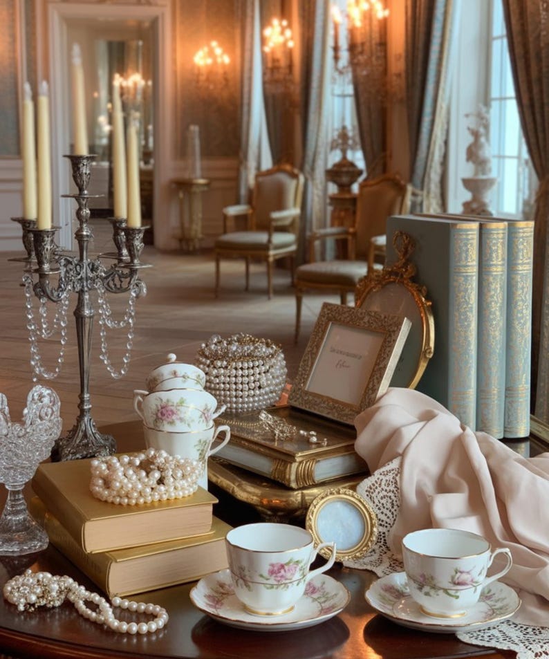 May include: An elegant display featuring a silver candelabra with hanging crystals, teacups with floral designs, pearls, and antique books. A gold-framed picture and a pearl-covered box add to the vintage aesthetic. The scene is set in a room with ornate decor.
