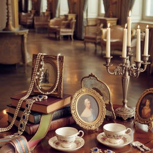 May include: A still life arrangement on a wooden table features antique items. There are framed portraits, pearl necklaces, books, teacups, and a candelabra with lit candles. The scene evokes a sense of vintage elegance and luxury.