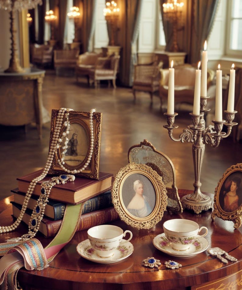 May include: A still life arrangement on a wooden table features antique items. There are framed portraits, pearl necklaces, books, teacups, and a candelabra with lit candles. The scene evokes a sense of vintage elegance and luxury.