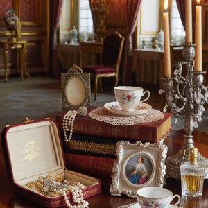 May include: A still life arrangement featuring a red jewelry box, open to reveal necklaces and brooches. A stack of books, teacups, and a silver candelabra with lit candles are also present. A small framed portrait and a perfume bottle complete the scene.