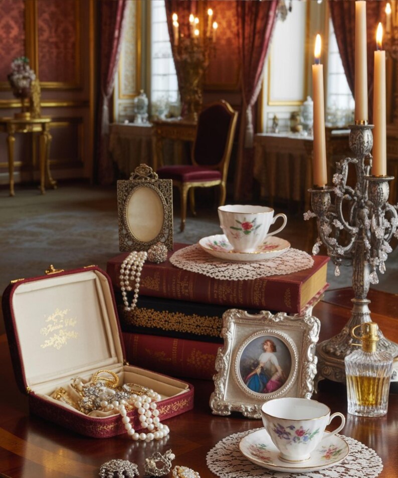 May include: A still life arrangement featuring a red jewelry box, open to reveal necklaces and brooches. A stack of books, teacups, and a silver candelabra with lit candles are also present. A small framed portrait and a perfume bottle complete the scene.