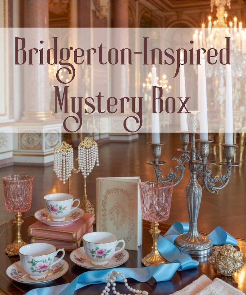 May include: A collection of Bridgerton-inspired items, including teacups with floral designs, pink goblets, a candelabra, and a book. The scene is set on a table with a blue ribbon and pearl necklace, evoking a vintage aesthetic.