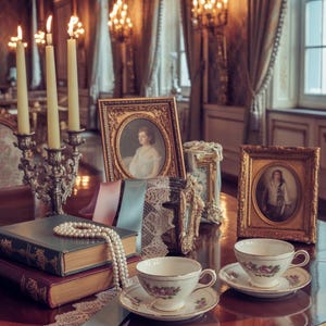 May include: A vintage still life featuring antique items on a polished wooden table. Includes framed portraits, books, pearl necklace, lace, ribbons, and teacups with floral designs. A silver candelabra with lit candles adds to the elegant ambiance.