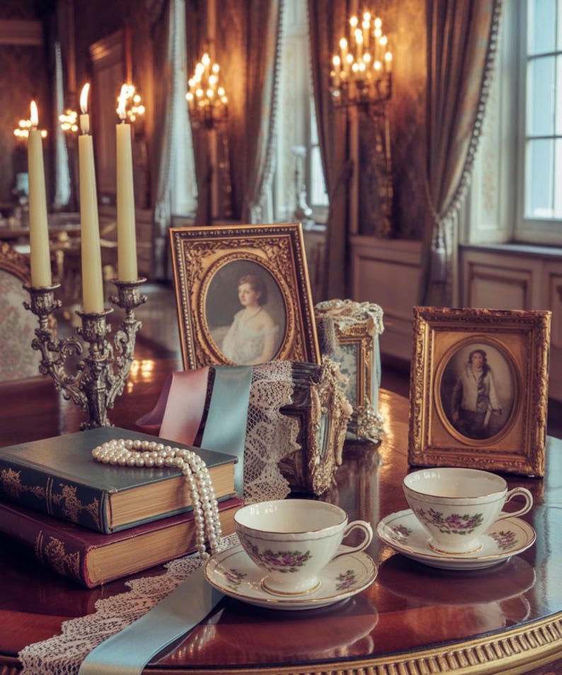 May include: A vintage still life featuring antique items on a polished wooden table. Includes framed portraits, books, pearl necklace, lace, ribbons, and teacups with floral designs. A silver candelabra with lit candles adds to the elegant ambiance.