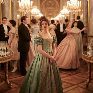 May include: A woman in a sage green ball gown with gold embroidery stands in a grand ballroom. The dress features puffed sleeves and a fitted bodice. Other guests in formal attire are in the background, with chandeliers and ornate decor.