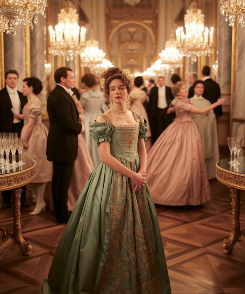 May include: A woman in a sage green ball gown with gold embroidery stands in a grand ballroom. The dress features puffed sleeves and a fitted bodice. Other guests in formal attire are in the background, with chandeliers and ornate decor.
