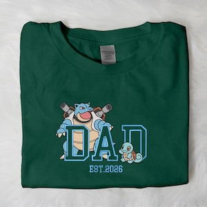 Camiseta bordada de Squirtle para papá, Blastoise, algodón vintage, unisex, camiseta gráfica, conjunto familiar personalizado, regalos de camisetas de Squirtle