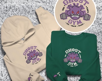Personalized Gengar Gym Embroidered Sweatshirt Ghost Type Hoodie Shirt Crewneck Sweatshirt Custom Name Sweater Gifts