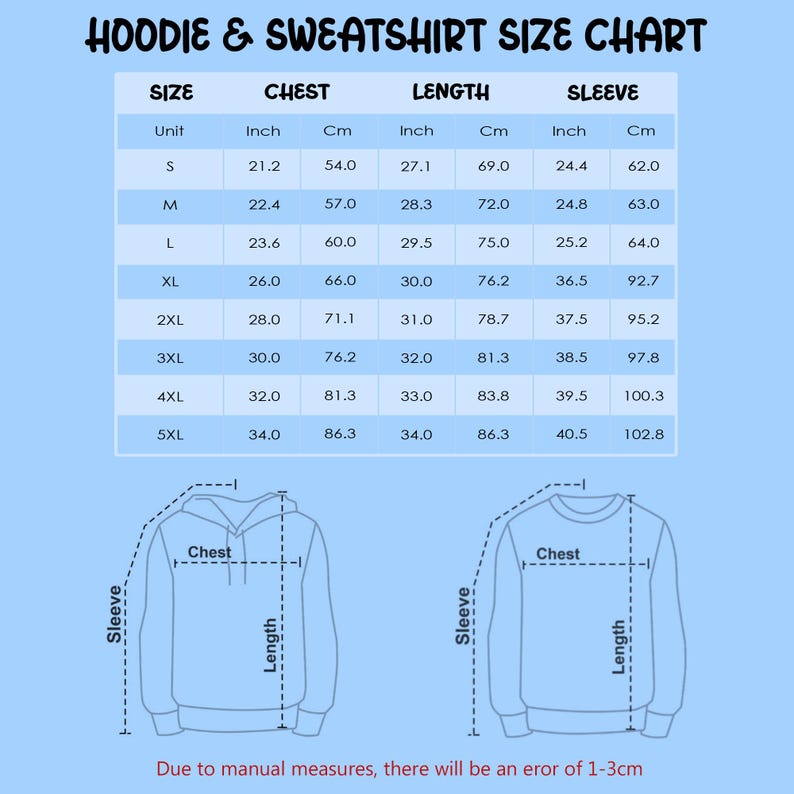 May include: A hoodie and sweatshirt size chart with measurements in inches and centimetres. The chart displays chest, length, and sleeve dimensions for sizes S to 5XL. The text at the bottom reads, "Due to manual measures, there will be an error of 1-3cm."