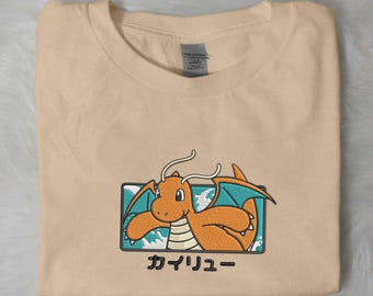 Dragonite geborduurd T-shirt Leuke draak geborduurd T-shirt grappig unisex shirt katoenen top handgemaakte grafische T-shirt Dragonite shirt geschenken