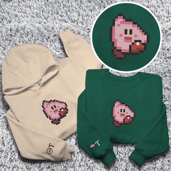Personalized Kirby 8-Bit Embroidered Sweatshirt Pixel Art Hoodie Cutom Name Unisex Sweater Kawaii Gaming Shirt Kirby Shirt Gifts