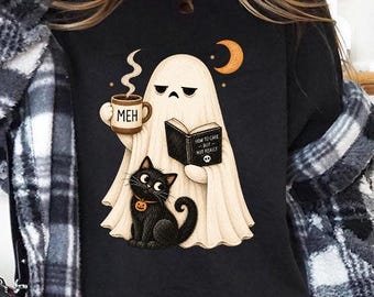 Funny Halloween Png, Ghost Black Cat Meh Coffee Mug Cute Spooky Shirt Design, Digital Download