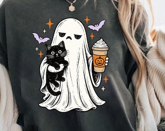Funny Halloween Png, Ghost Black Cat Meh Coffee Mug Cute Spooky Shirt Design, Digital Download