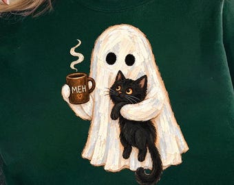 Funny Halloween Png, Ghost Black Cat Meh Coffee Mug Cute Spooky Shirt Design, Digital Download
