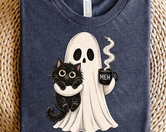 Funny Halloween Png, Ghost Black Cat Meh Coffee Mug Cute Spooky Shirt Design, Digital Download